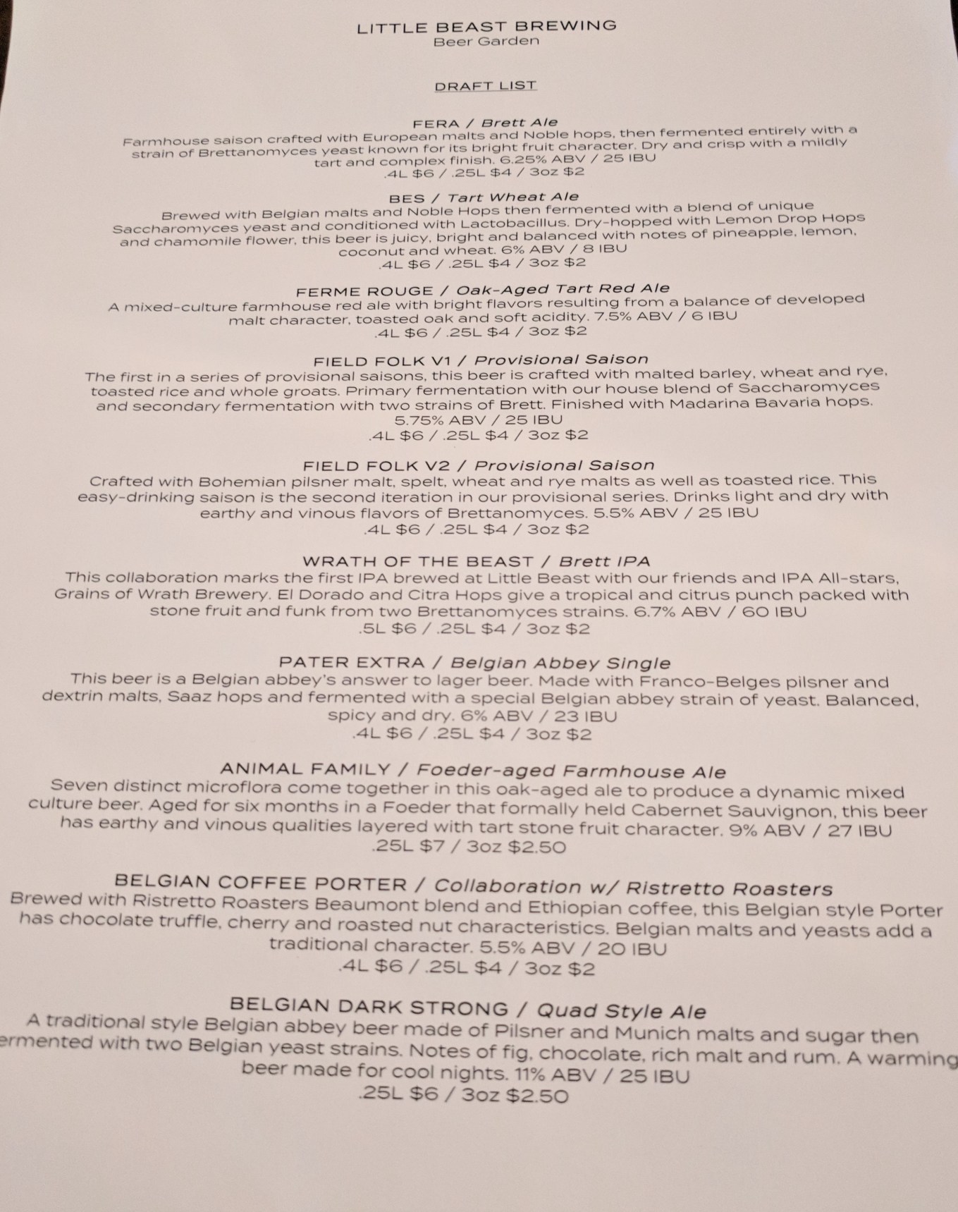 Little Beast Beer Garden Taplist