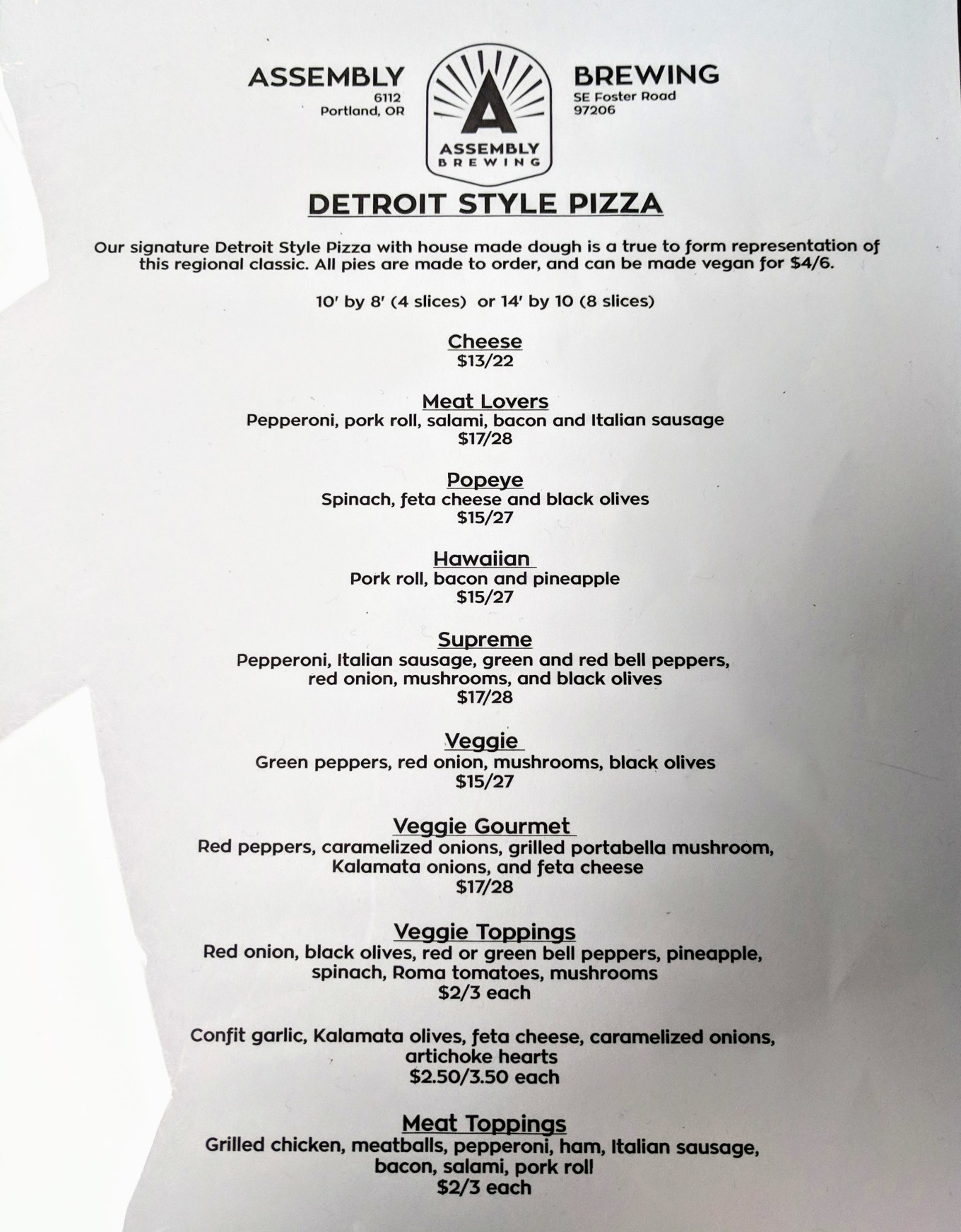 Assmebly Brewing Detroit Style Pizza Menu Portland Oregon